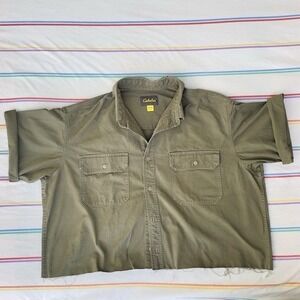 Cabelas Button Down Shirt Mens XXL Army Green Short Sleeve Cotton Twill *CROPPED